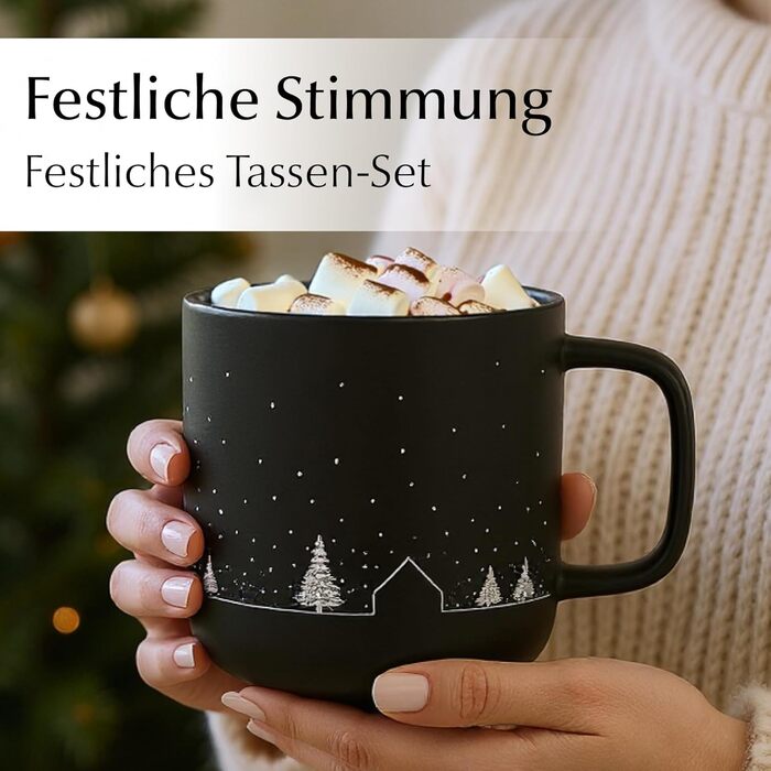 Набір з 4 чашок MIAMIO для святкування Різдва, 500 мл, чорний колір / Кавові чашки на Різдво, мінімалістичний зимовий мотив, подарунок на Різдво, безпечні для миття в посудомийній машині та використання в мікрохвильовій печі – Vinter Collection