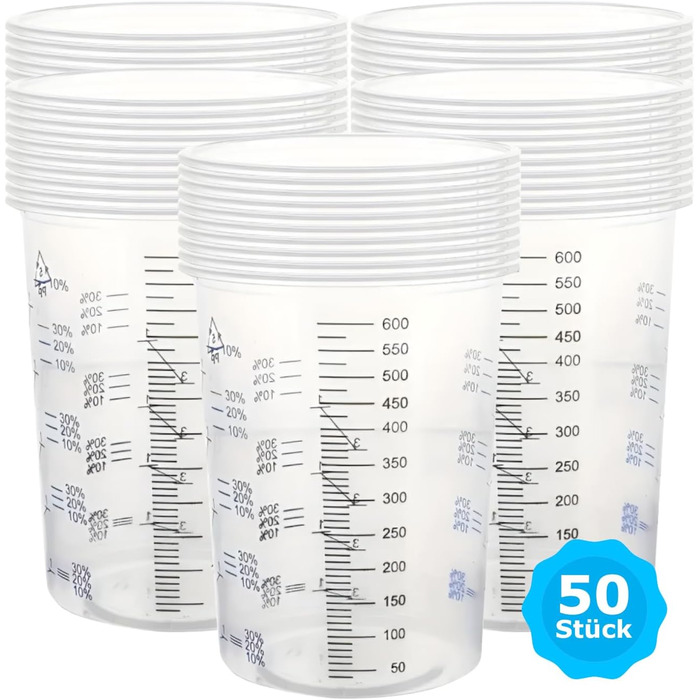 50x Mixing Cups Plastic Cups Measuring Cups | 650ml | Color, Epoxy, Polyester with Scale and Mixing Ratio
