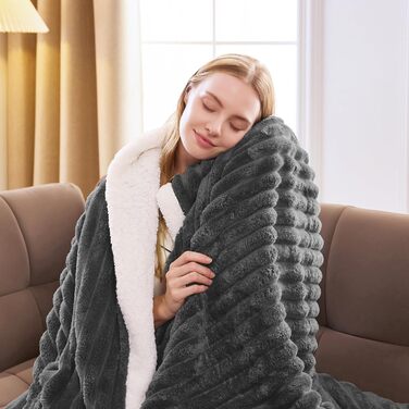 Плед WAVVE Sherpa з штучного хутра, сірий - теплий, м'який, великий (150x200 см)