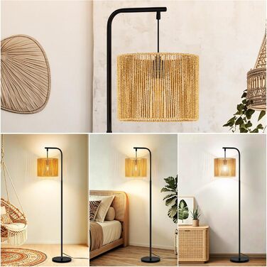 Торшер Rattan Boho - Стильний торшер для вітальні E27 164 см, чорний, з ножним вимикачем. Торшер в спальню, на терасу, в офіс, циліндричний абажур
