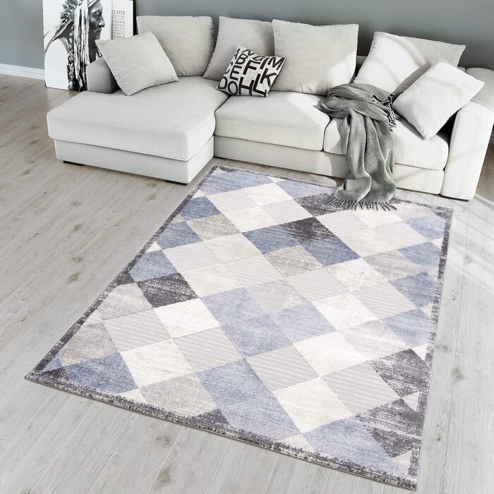 Килим SANAT Evra для вітальні - коротковорсовий килим з сучасним дизайном, підходить для вітальні, коридору, їдальні, спальні, кухні та дитячої кімнати (80x150 см, 200 x 280 см, прямокутний, блакитно-сірий)