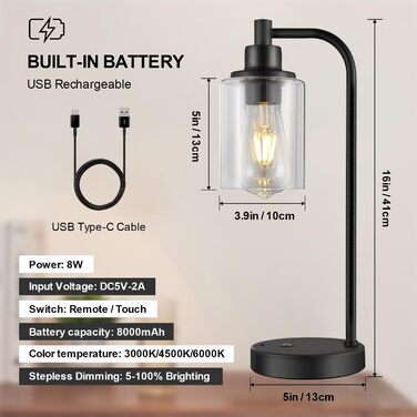 Акумуляторна настільна лампа бездротова з пультом, сенсорне регулювання яскравості, скляний плафон, нічник для спальні та вітальні, чорна