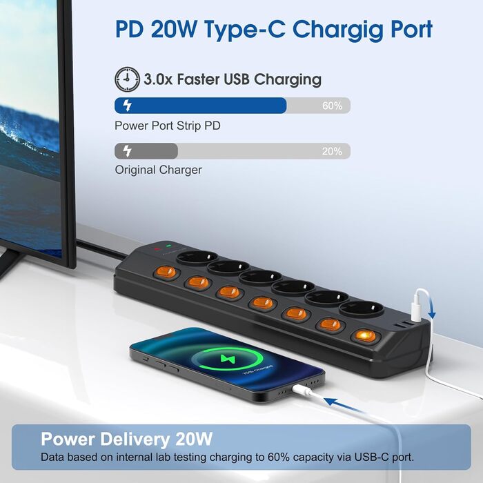 Мережевий фільтр 6-фазний з індивідуальним вимикачем, USB-C (PD 20W) та 2 USB-A, захист від перенапруги (3680W/16A), 3м кабель, чорний