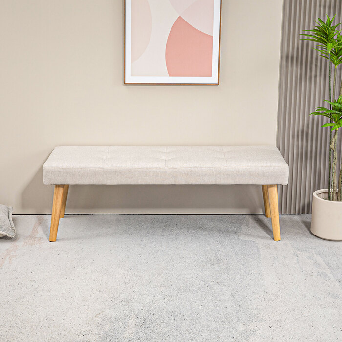 HOMCOM Bench, Upholstered Bench with Linen Look, Button Tufting, Bed Bench with Wooden Legs for Bedroom, Living Room, Hallway, 120 x 41 x 43 cm, Cream | Aosom