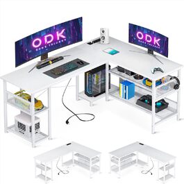 Ігровий стіл ODK L-подібний, кутовий, білий, з великою нішею для зберігання, 2 розетки та 2 USB-порти, 150×102 см