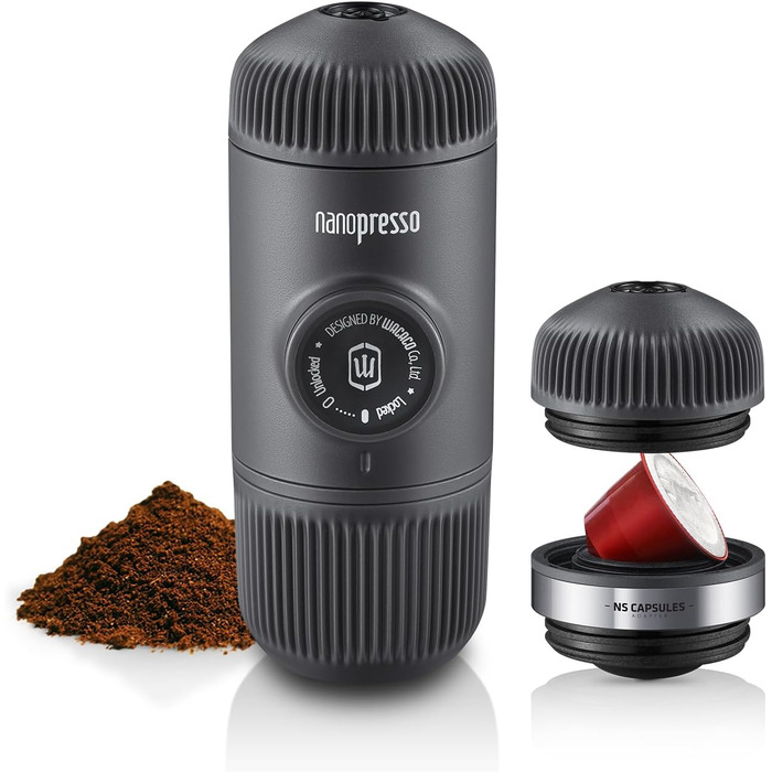 WACACO Nanopresso Portable Espresso Machine with NS Adapter, Compatible with *Nespresso®* Capsules and Ground Coffee, Manual Travel Coffee Machine Set, Perfect for Camping