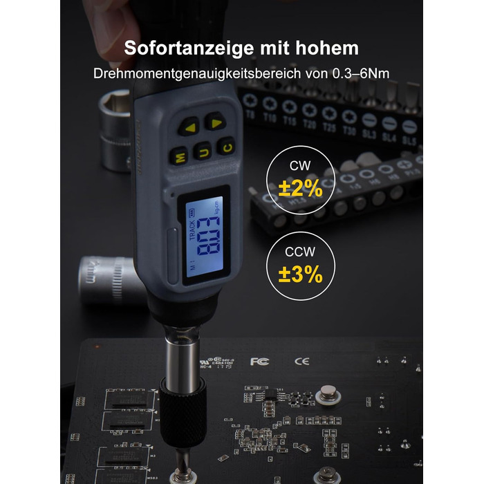 Цифровий динамометричний викрут GROWNEER 2.66-53.1 In-lbs/0.3-6 Nm з LED-дисплеєм та звуковим сигналом, 1/4'' Drive, 27 в 1