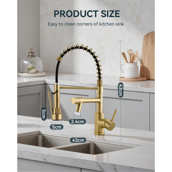 Кран кухонний LED Warmiehomy професійний, 360° поворотний, з двома виливами, високий вигин, спіральна пружина, для мийки, з нержавіючої сталі (золотий)