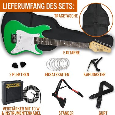 Електрогітара 3/4 розміру 3rd Avenue XF Ultimate Kit з підсилювачем 10W, тюнером, кабелем, стійкою, чохлом, ремінком, запасними струнами, медіаторами, каподастром – набір для початківців (зелений)