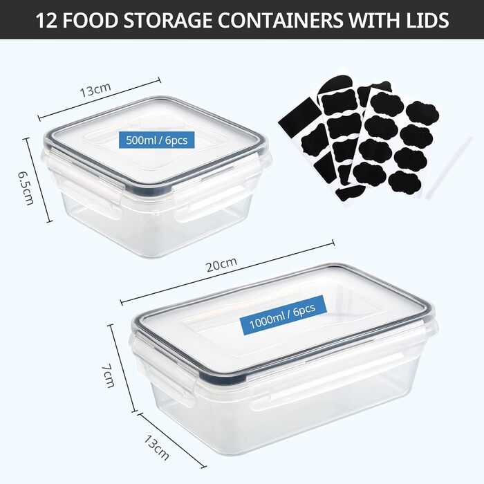 Набір контейнерів для їжі Hibisaws 12шт з кришкою, BPA-free, герметичні, прозорі, 6 x 1L та 6 x 0.5L, для зберігання та заморожування