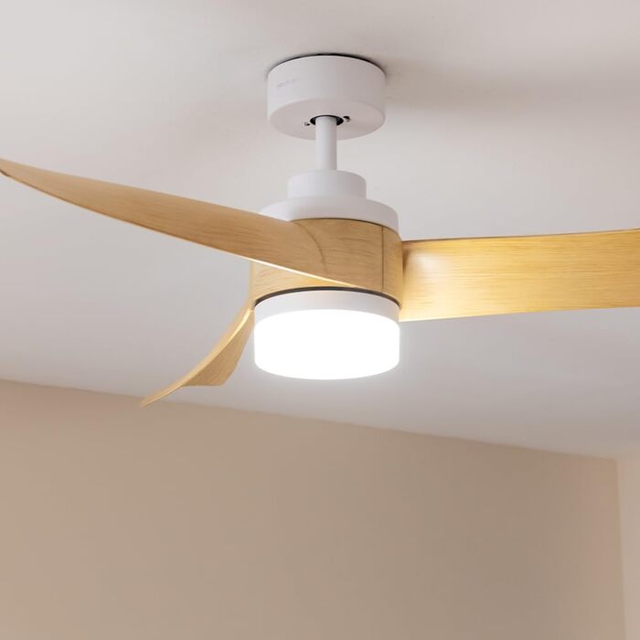Стельовий вентилятор Cecotec EnergySilence Aero 5280 LightWood з LED підсвіткою 18W, 132 см, DC мотор, пульт, таймер, режими зима/літо, білий/дерево