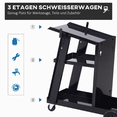 DURHAND Welding Cart Welding Equipment Cart with 3 Shelves and Safety Chain, Gas Cylinder Cart in Black 71x39x70 cm for Workshop