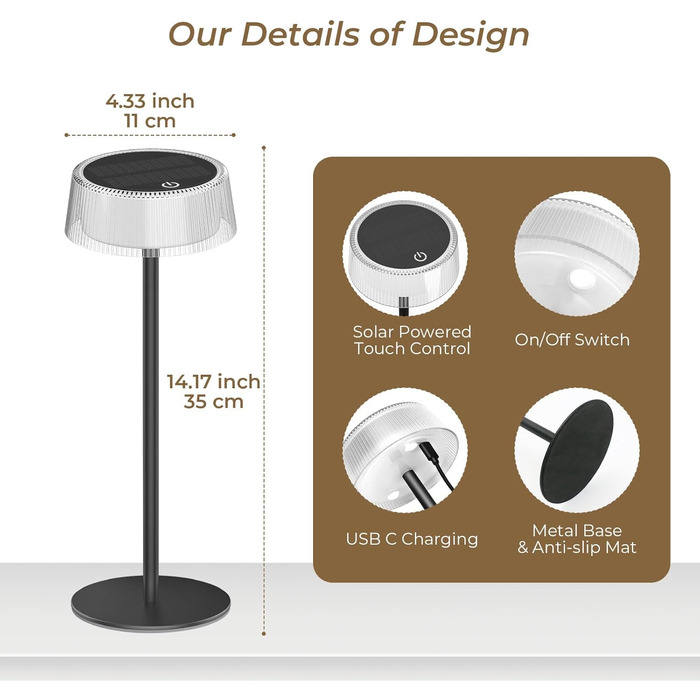 Світлодіодний акумуляторний настільний світильник Lacasa Solar 2 шт, димується, водонепроникний IP67, для дому, саду, спальні