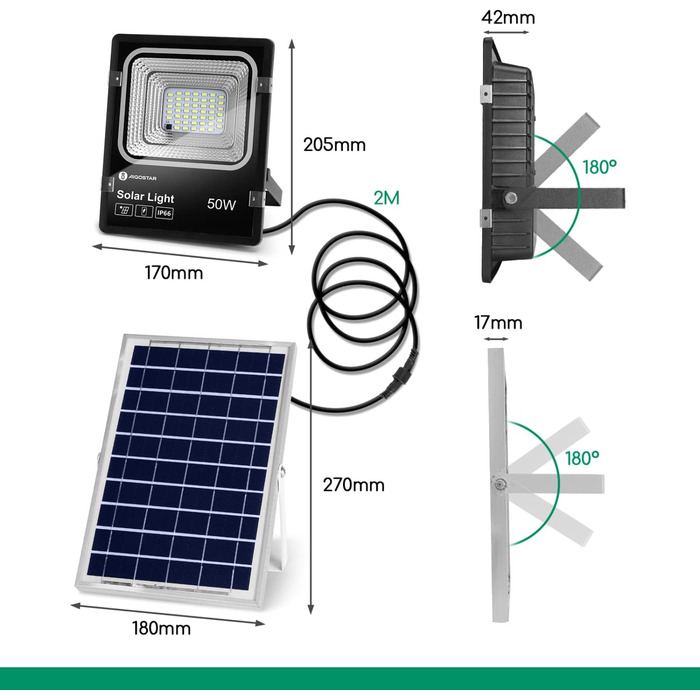 Aigostar 50W Solar Flood Light Outdoor, Super Bright LED Floodlight with Solar Panel, Cool White 6500K, IP66 Protection Grade Solar Spotlight Searchlight Outdoor Spotlight for Garden, Door, Yard, Garage, etc., 2 Pieces