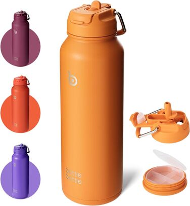 BOTTLE BOTTLE Insulated Water Bottle with Straw, Sport Stainless Steel Water Bottle with Grip Lid, Outdoor Sports Bottle for Pills, 1l (White) (Orange)
