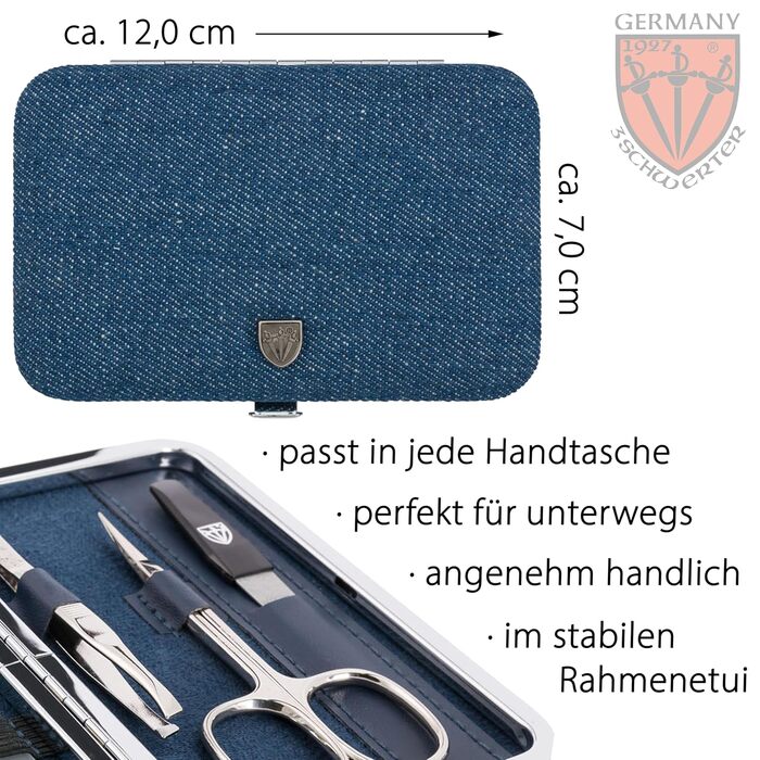 Набір манікюру DREI SCHWERTER 'Genova' 6 шт. | Німецький манікюрний набір у текстильному етою джинсового кольору | У комплекті: ножиці для нігтів, ножиці для кутикули, щипчики для нігтів, скляний наперсток, пінцет, алмазний наперсток БЛАУ / TEXTIL-JEANS