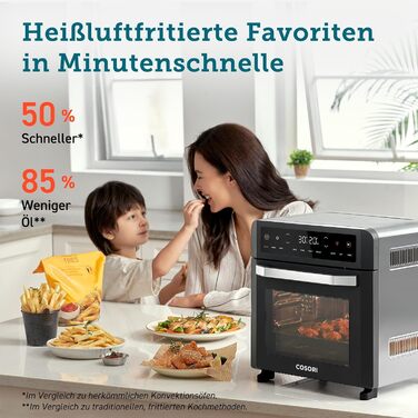 COSORI Air Fryer 12L, 11 Multifunctions, Dehydrating, Proofing Function, Dual Heating, Viewing Window, Airfryer XXL, Convection Oven, Mini Oven, Recipe Book, 7 Accessories, 220℃ Black+Silver Air Fry Oven