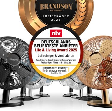 Настільний вентилятор Brandson з мідним дизайном: 3 швидкості, осциляція 80°, кут нахилу 40°, міцний металевий корпус (чорний матовий)