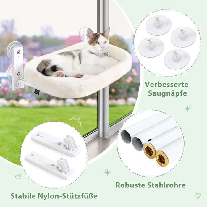 GUUSII Cat Window Perch, Cat Bed, Window Hammock, Cat Hammock, Cat Window Seat, Foldable Cat Window Lounge, Window Hammock, Cat Hanging Bed, Up to 18kg (M) (White)