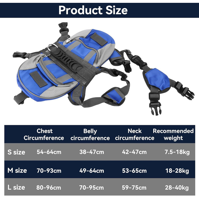 Рюкзак для собак Cyrank: набір посуду, жилет, сумка для їжі та води, рюкзак для собак, жилет для собак, сумка для їжі та води для собак, туристичний рюкзак для собак з світловідбиваючими смугами, жилет для собак, для великих собак (M)
