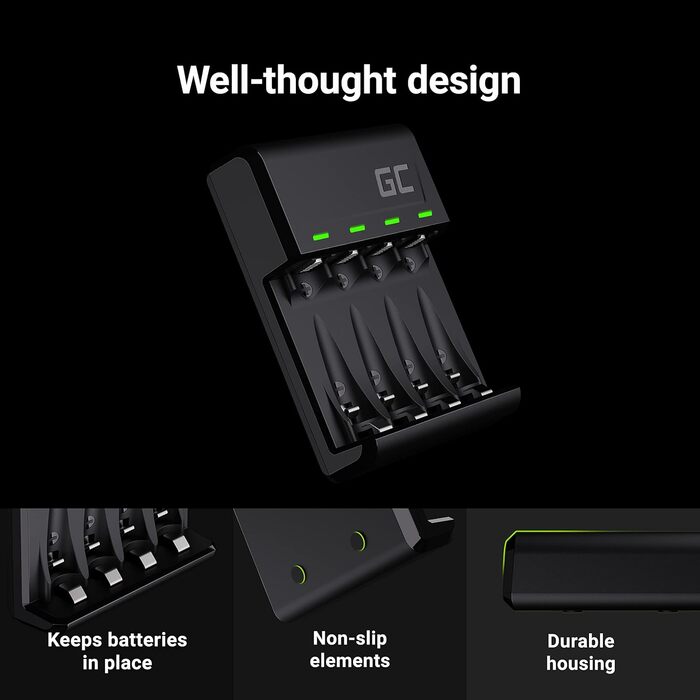 Зарядний пристрій Green Cell VitalCharger для акумуляторів AA AAA 2000mAh (NI-MH) з Micro USB та USB-C, 4-канальний, LED-індикація