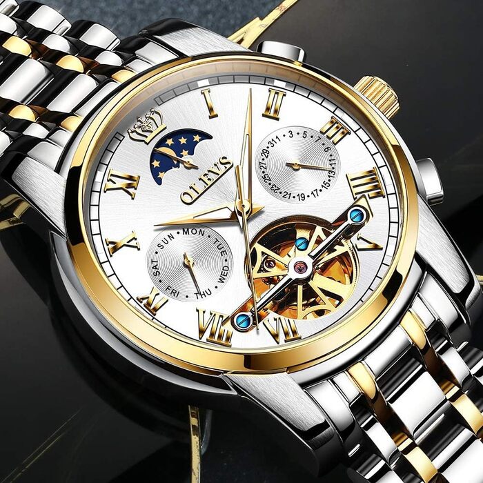 Набір автоматичних механічних годинників для пари OLEVS: чоловічий та жіночий, з календарем та фазами місяця, двоколірний дизайн, сріблясті