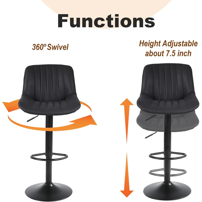 Youhauchair Adjustable Swivel Bar Stools with Backrest - PU Leather, Modern Kitchen Bar Stools (2-Pack, Black)