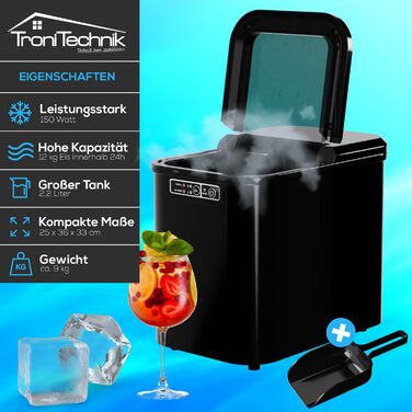 Льодогенератор Tronitechnik® 12 кг/24 год, резервуар 2.2 л, 2 розміри кубиків льоду, самоочищення, чорний