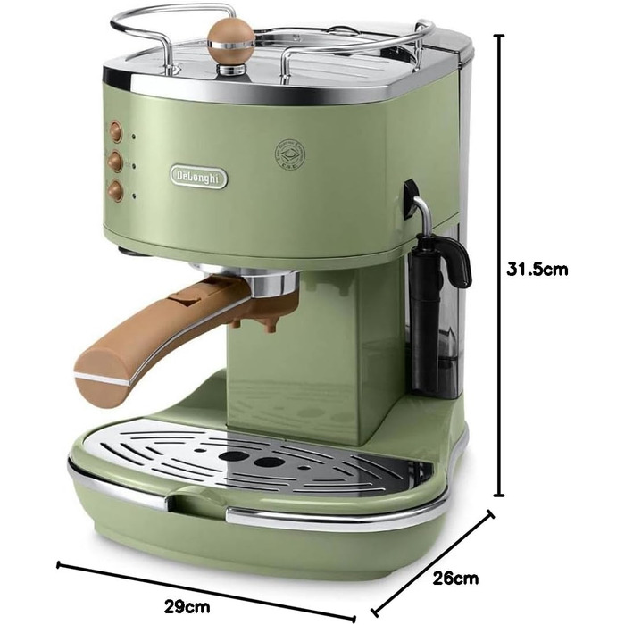 Еспресо-машина De'Longhi Icona Vintage ECOV 311.BG – Ретро дизайн, ручний капучинатор, для кави та ESE Pads, 1.4 л бак (Зелений, Single)