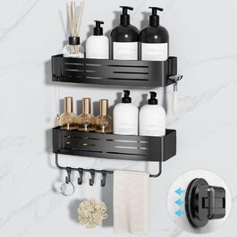 Двошаркова полиця для душу без свердління з присосками, вологостійка, чорна. Організатор для ванної кімнати з тримачем для рушників, шампуню та гелю для душу. Кутова полиця для душу з гачками, 2 шт.