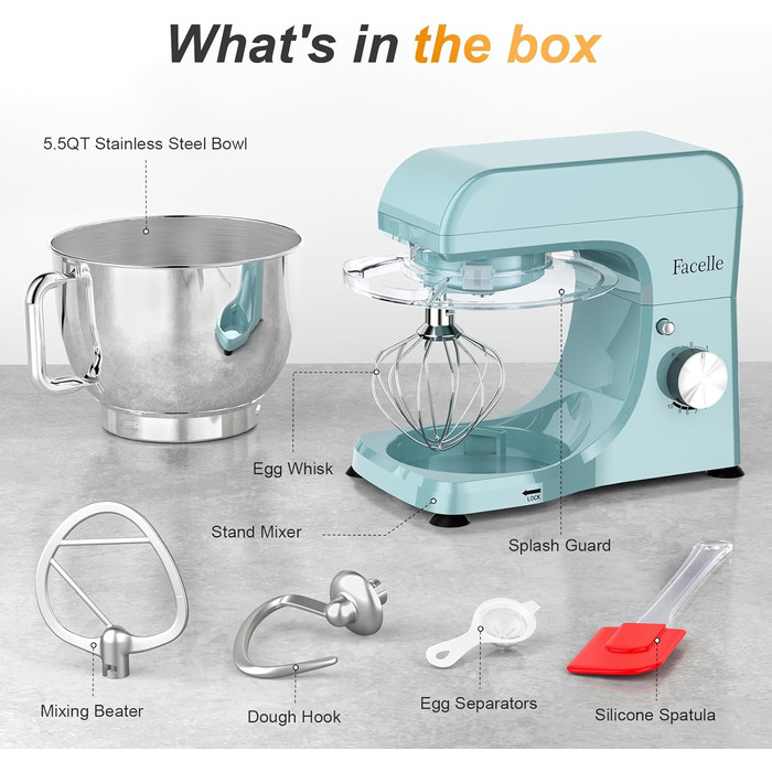 Кухонний комбайн-міксер 1300W з планетарним змішуванням, чаша 5.5л з нержавіючої сталі, 10 швидкостей, набір насадок та захист від бризок, Блакитний