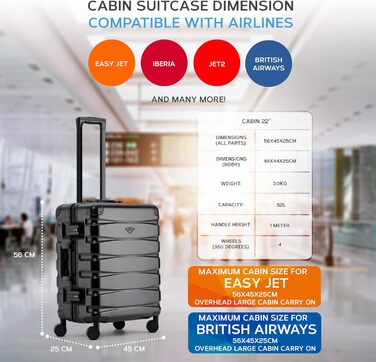 Чемодан Flight Knight Premium: Алюмінієвий каркас, ABS корпус, 8 коліс, 56x45x25см, Чорний