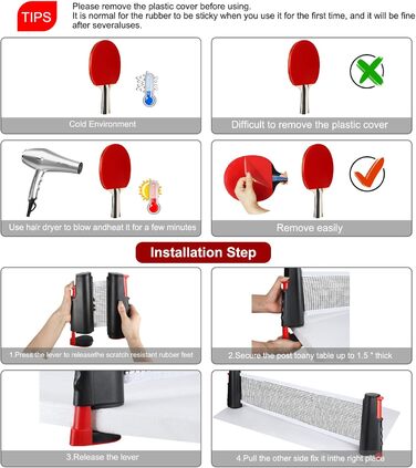 Набір для настільного тенісу KIMIGO: 2 ракетки, 6 м'ячів, сітка та сумка. Підходить для початківців та професіоналів, для гри в приміщенні та на вулиці