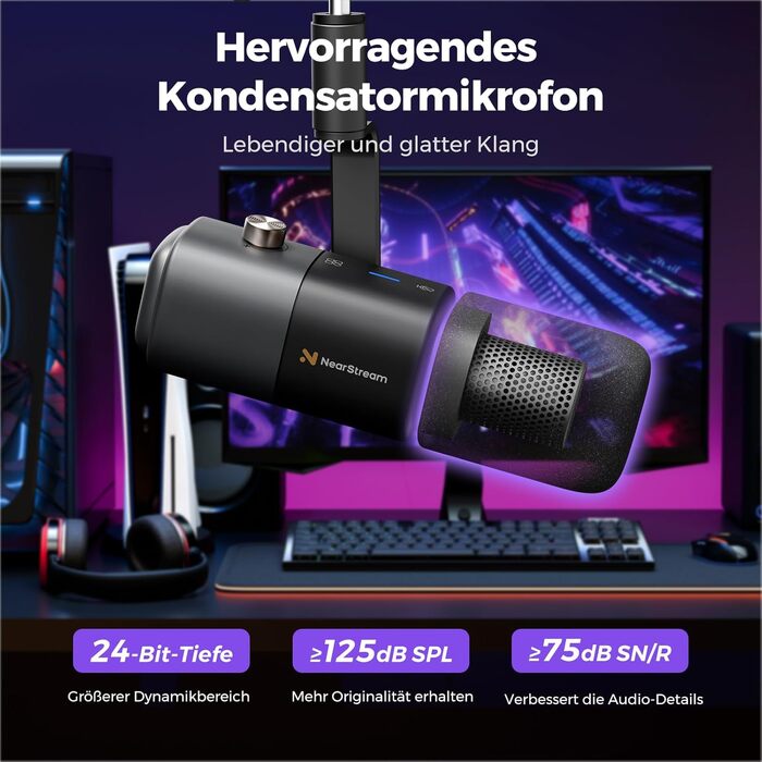 Конденсаторний мікрофон NearStream AM25X USB/XLR зі штативом, комплект для подкастингу, кнопка Mute, шумозаглушення та моніторинг для стрімінгу, студії та PC/PS5/PS4 геймінгу