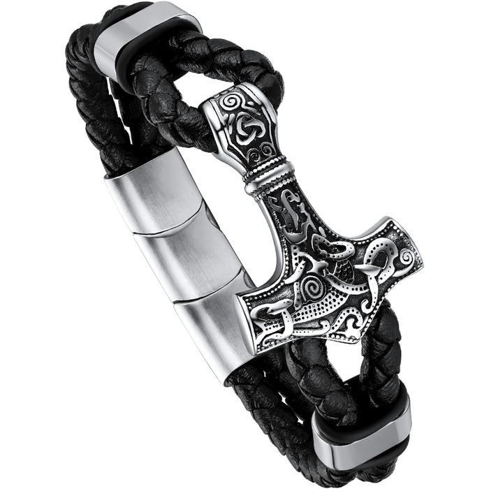 Браслет вікінга Thor's Hammer FaithHeart для чоловіків, плетіний шкіряний браслет з подарунковою коробкою, 21 см, сріблястий молот Тора