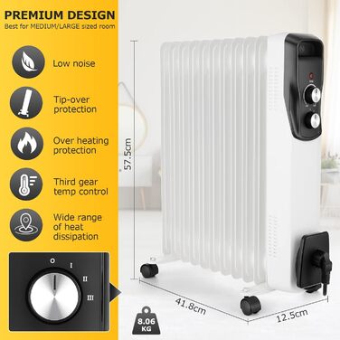 Масляний радіатор 2500W з 11 ребрами, електрообігрівач з 3 рівнями нагріву, термостатом та 4 колесами для дому та офісу