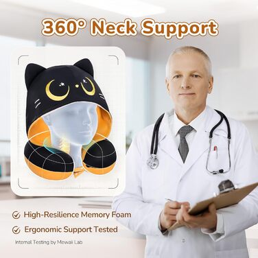 Подушка для шиї Mewaii для подорожей, двостороння подушка для дорослих, подушка для шиї з memory foam для літаків, обертова подушка для шиї з котячим капюшоном, регульований ремінь, чорний, перекидний