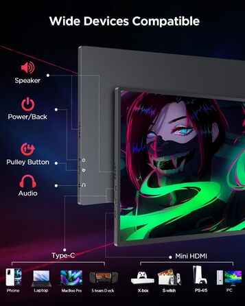 Монітор UPERFECT 2K 144Hz 16 дюймів: Портативний дисплей QLED з Mini HDMI та USB-C для ПК, ноутбука, телефону, Xbo, Switch, PS4/5 (VESA)