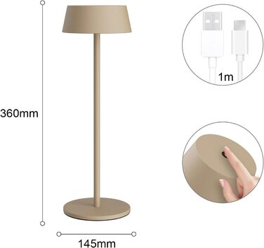 LED-лампа на акумуляторі K-Bright (2 шт.) - бездротова, тепле світло 3000K, регульована яскравість. Підходить для обіднього столу, читання, спальні, саду та ін. Хакі