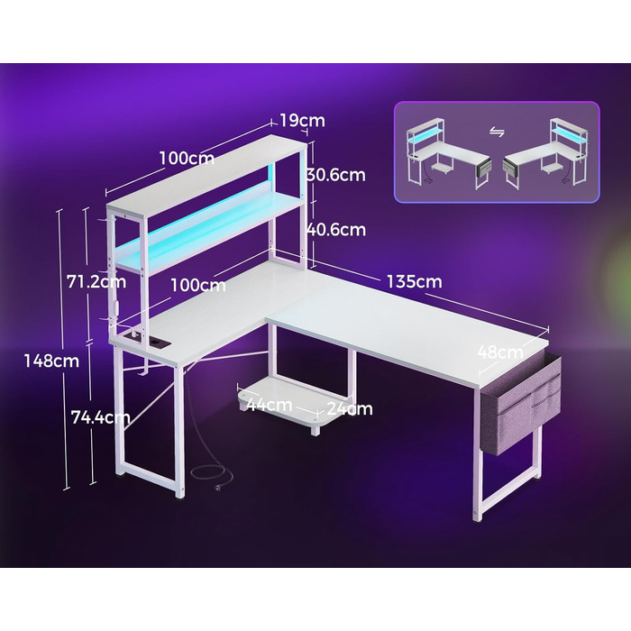 Ігровий стіл Coleshome L-подібної форми з LED-підсвічуванням та розетками, 135 × 100 см. Реверсивний кутовий стіл з полицями для зберігання, з сумкою для дому та ігор. (135×100 см, Білий)