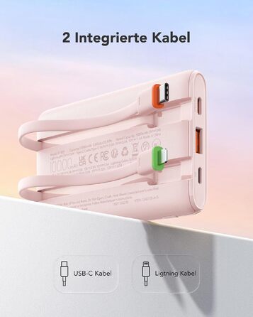 Повербанк VEGER 10000mAh 22.5W з вбудованим кабелем USB-C, рожевий
