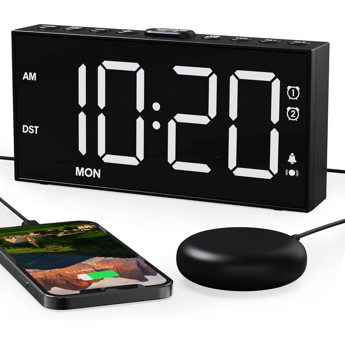 ROCAM Vibration Alarm Clock, Loud Alarm Clock for Deep Sleepers, 7'' Large Display, Bold Font, Digital, Adjustable Brightness, Dual Alarm, Snooze, USB Charger, for Use in the Bedroom (white)
