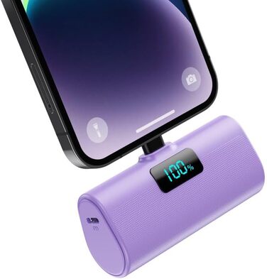 Портативний зарядний акумулятор Mini Powerbank 5200mAh з PD 20W для iPhone. Компактний Power Bank з LCD дисплеєм, сумісний з iPhone 14/13/12/11 та іншими моделями (фіолетовий)