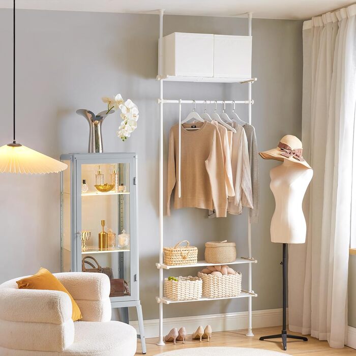 SoBuy KLS07-SCH Telescopic Clothing Rack with 1 Clothes Rail and 3 Shelves Telescopic Wardrobe System Adjustable Clothes Rack B (52-80) x H (233-295) cm (White)