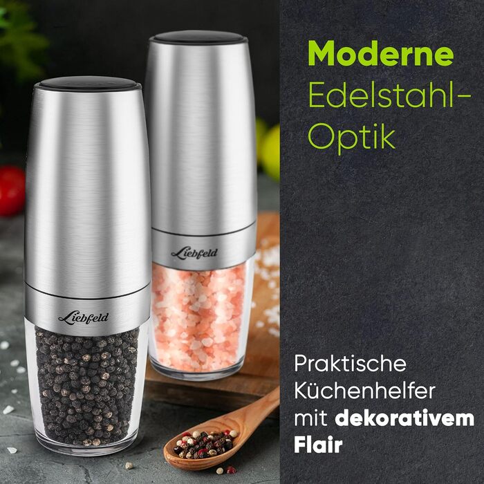 Електричні млини для солі та перцю Liebfeld (2 шт.) з датчиком нахилу - набір з нержавіючої сталі з керамічним жорном