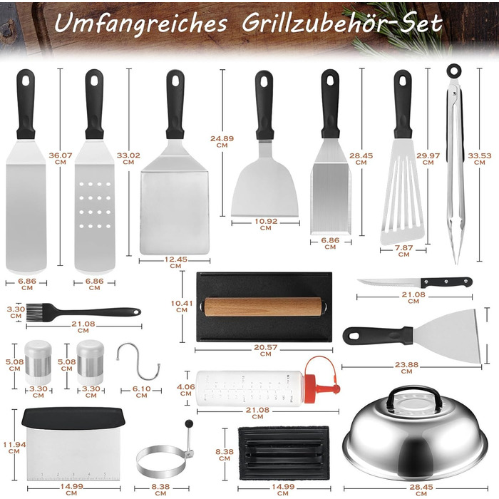 Набір шпателів для грилю з нержавіючої сталі (35 шт.) - набір для тепаньякі, сет для смаш-бургерів, з пресом для бургерів та аксесуарами для планчі, для грилю, пікніка, кемпінгу
