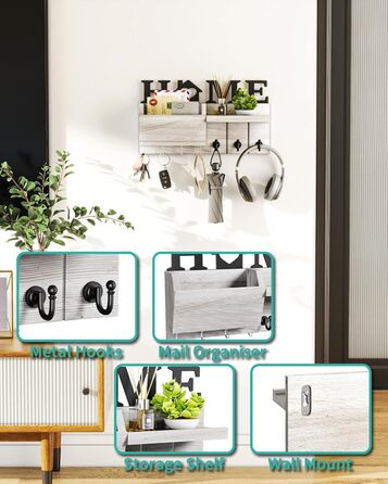 Дерев'яна ключниця HapiRm з декором HOME, 7 гачків, полиця для дрібниць, підходить для прихожої, спальні, офісу (біла)