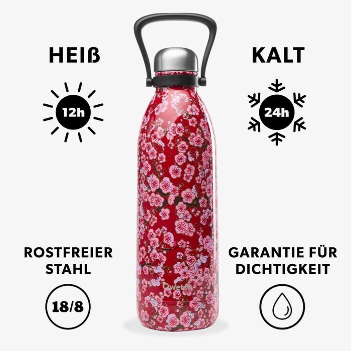 QWETCH 1.5L Stainless Steel & Titanium Thermos Flask - 48H Cold & 16H Hot - Leakproof & BPA-Free Insulated Water Bottle with Handle - Perfect for Camping, Picnics & Family Use (1500ml, Red Flowers)