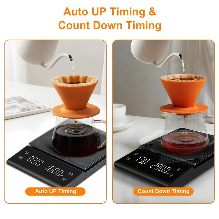 Міні ваги для кави HONPHIER з таймером, 5 кг/0,1 г, LED-дисплей, сенсорне керування, чорний