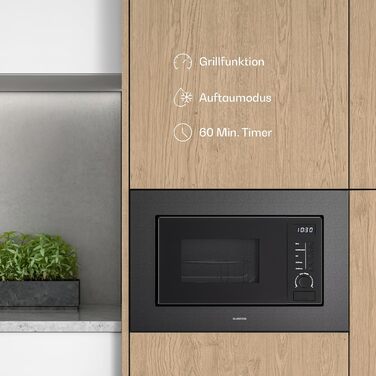 Мікрохвильова піч Klarstein Verosteel Einbaumikrowelle 60 см з грилем – 20L, 700W, 8 програм, сенсорне керування, нержавіюча сталь, функція розморожування, LED-підсвічування, чорна нержавіюча сталь